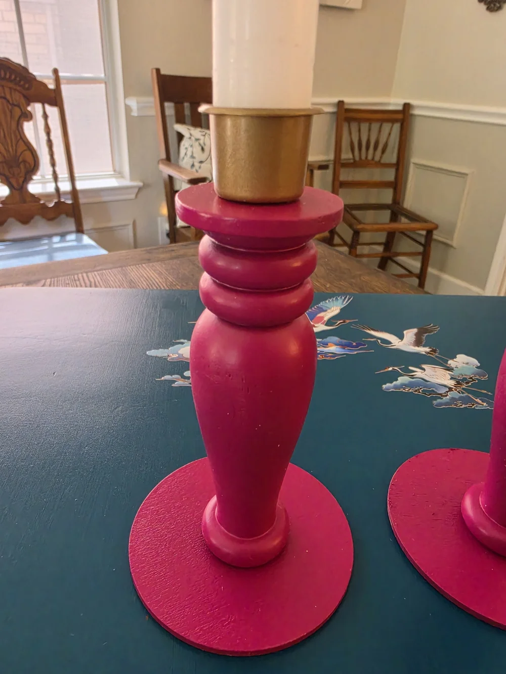 Set of 2 Wood Taper Candle Holder Candlesticks Pink Painted Gold Metal Cups 5in